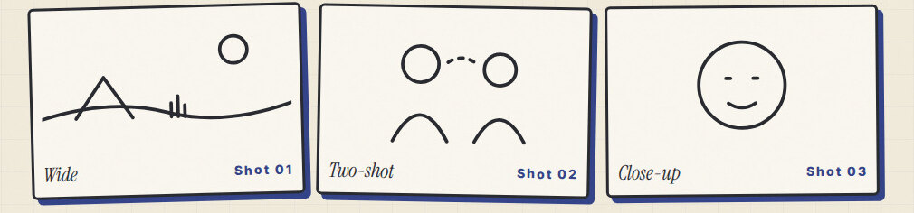 Three storyboard frames: a wide shot, a two-shot and a close-up