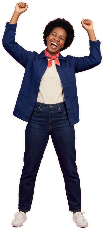 The director cheers with both arms in the air