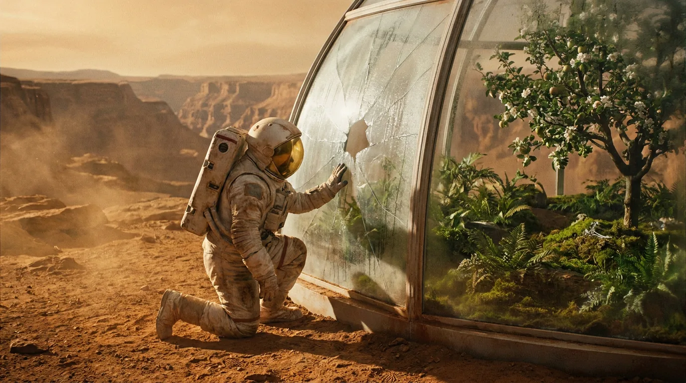 An astronaut kneels beside a glass dome full of plants on Mars