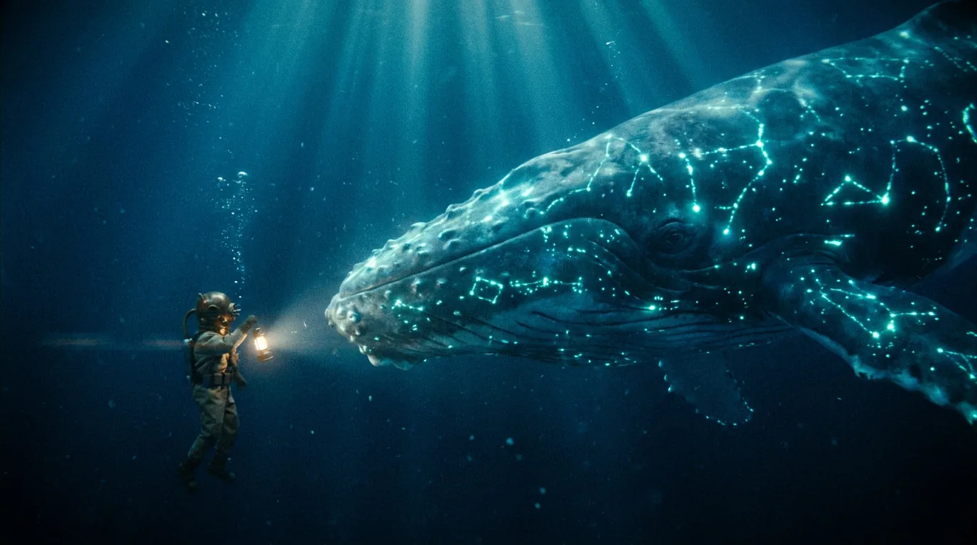 A diver faces a huge glowing whale deep underwater