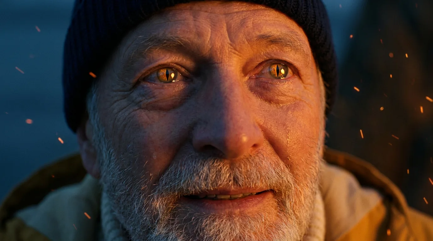 Close-up: the keeper's face, the dragon's eye reflected in his