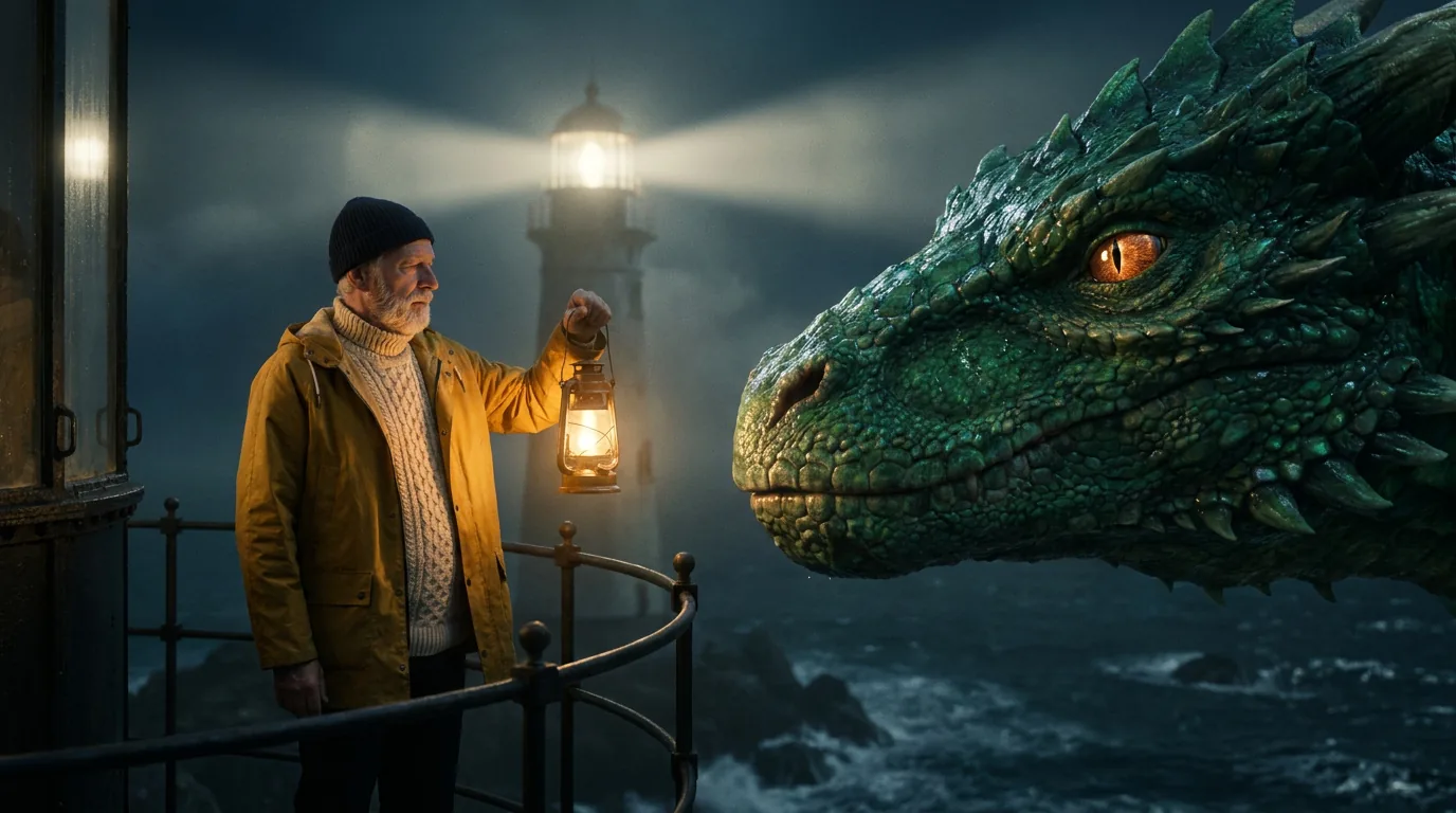 Two-shot: the keeper holds a lantern up to the dragon's face
