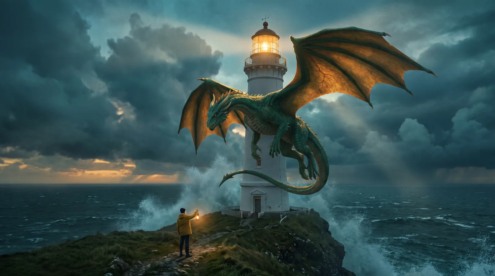 A green dragon circles a lighthouse at dusk