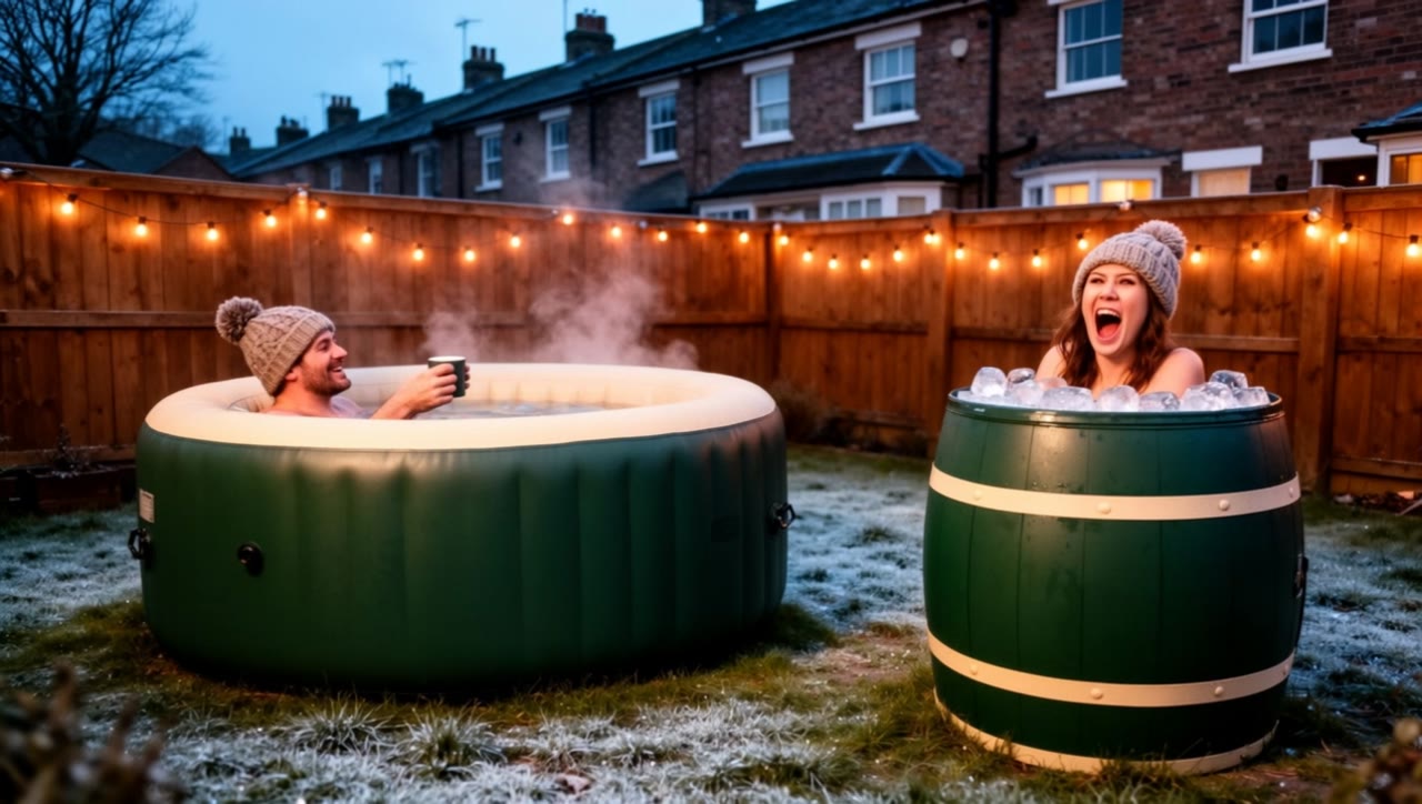 A frosty back garden at dusk: a man relaxing in a steaming hot tub raises his mug, and a woman shrieking in a barrel of ice beside him throws ice at him