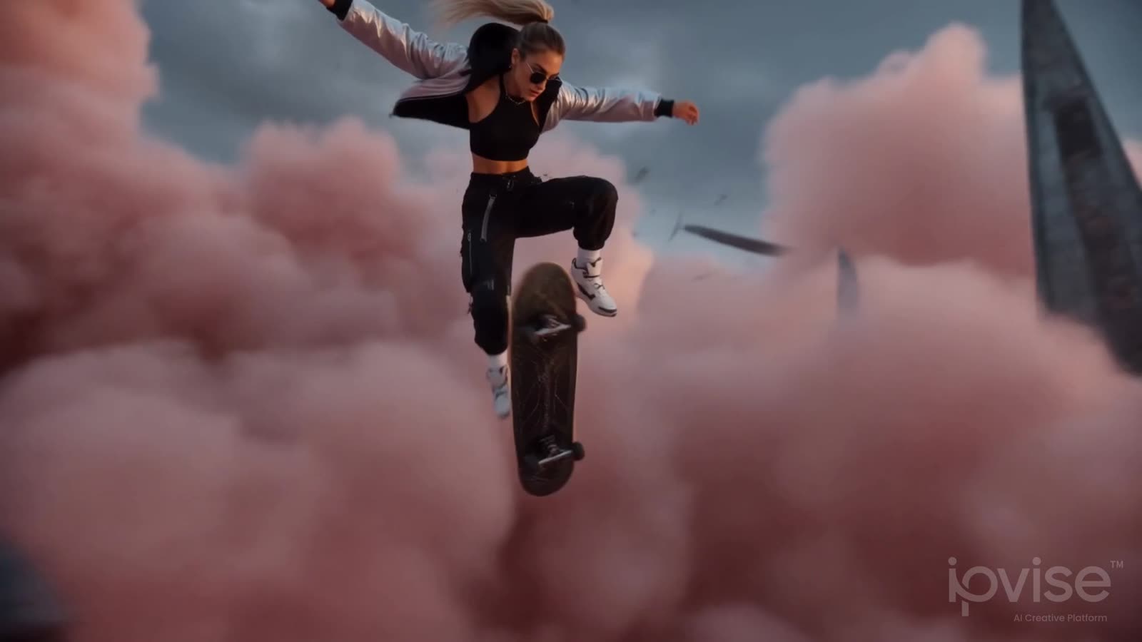 A skateboarder in mid-air above pink clouds, from IPVise's showreel