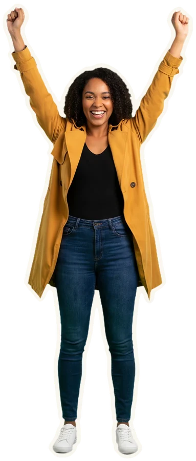The woman cheers with both arms in the air