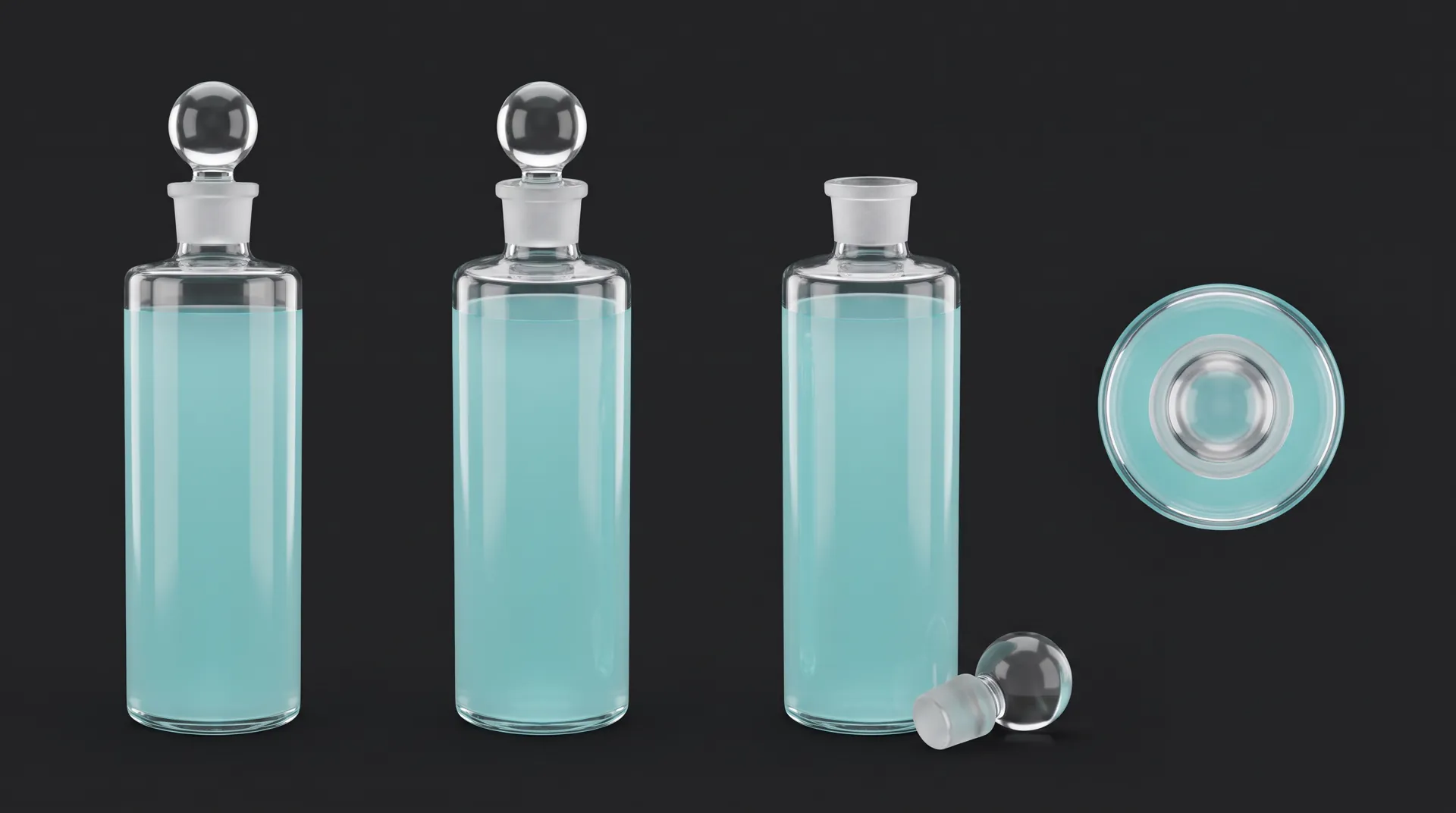 The Nilas bottle from the front, at an angle, with its stopper out, and from above