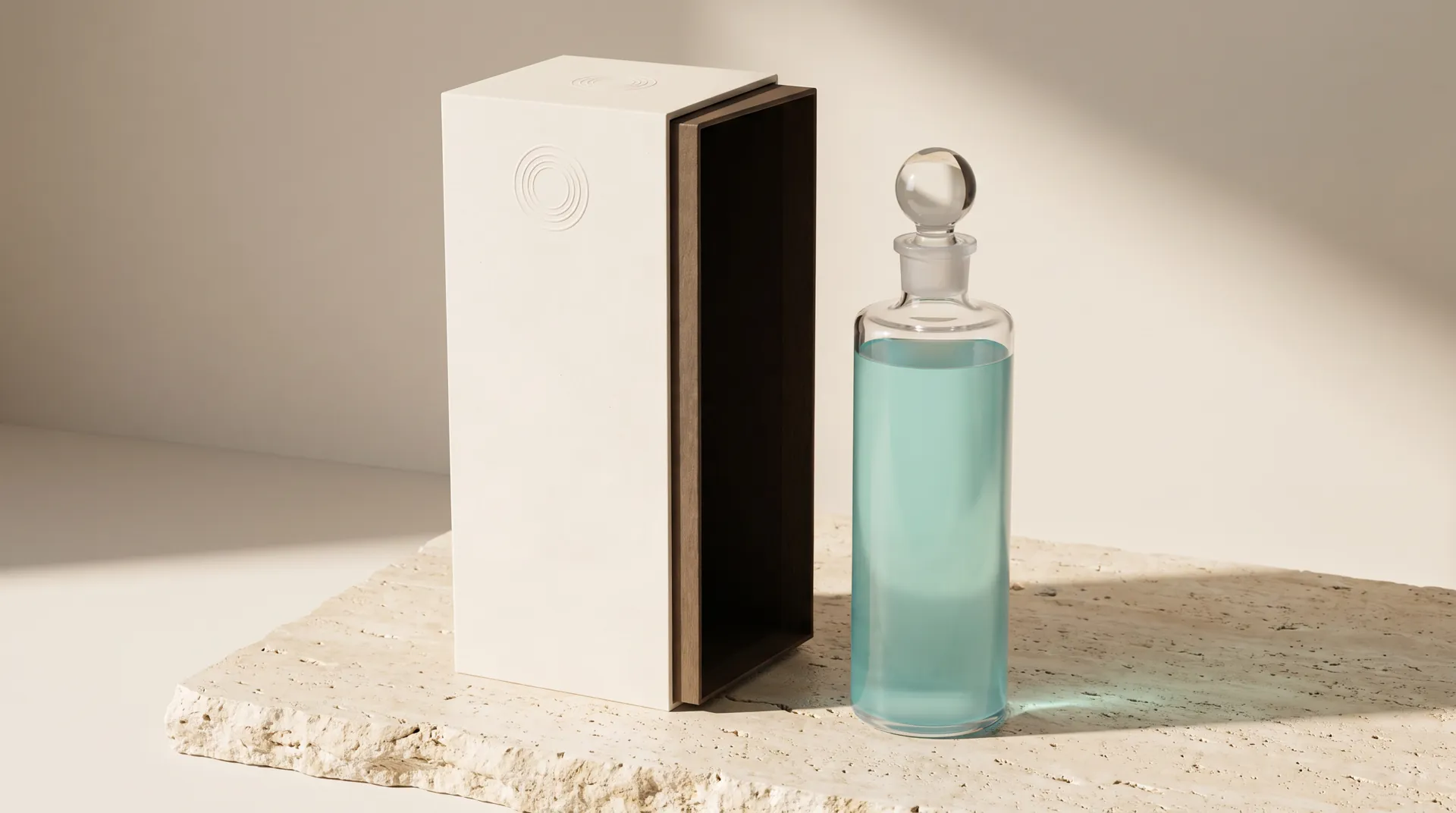 A plain off-white box with a blind-embossed seal beside the bottle on travertine