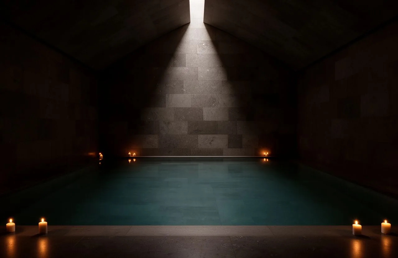 A dark stone spa pool lit by one shaft of light, with candles at the edge