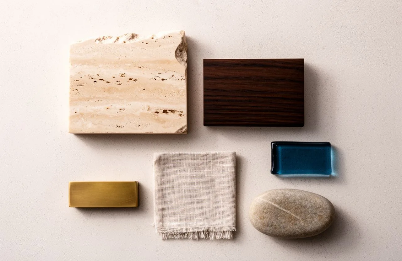 Travertine, smoked oak, brass, linen, a pebble and blue glass laid out on a pale ground
