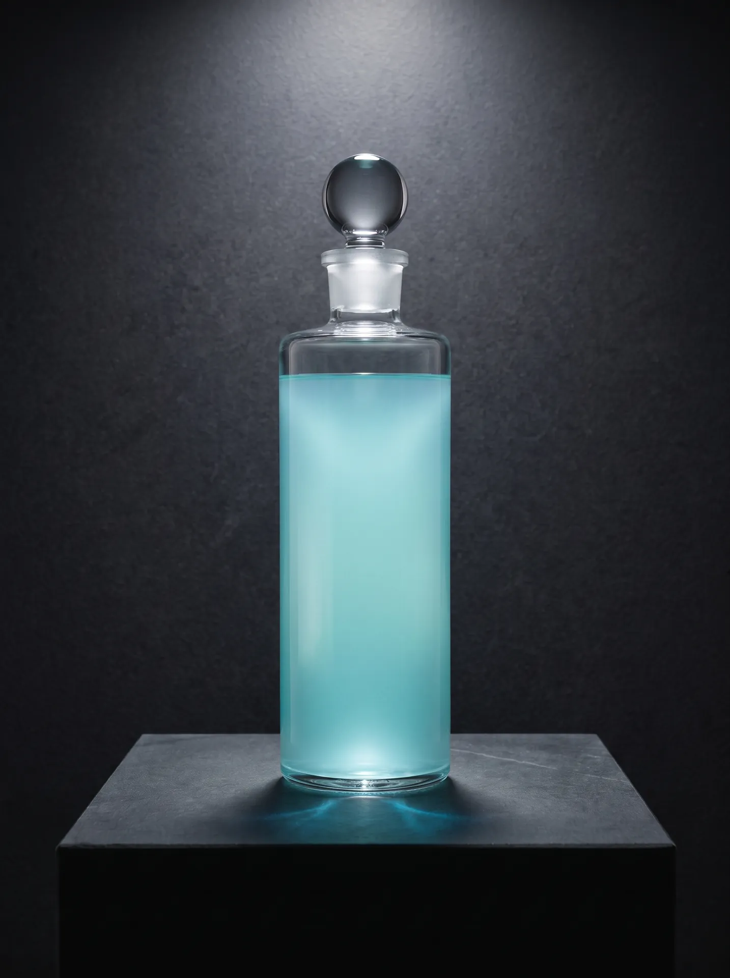 The Nilas bottle on a dark stone plinth, seen straight on