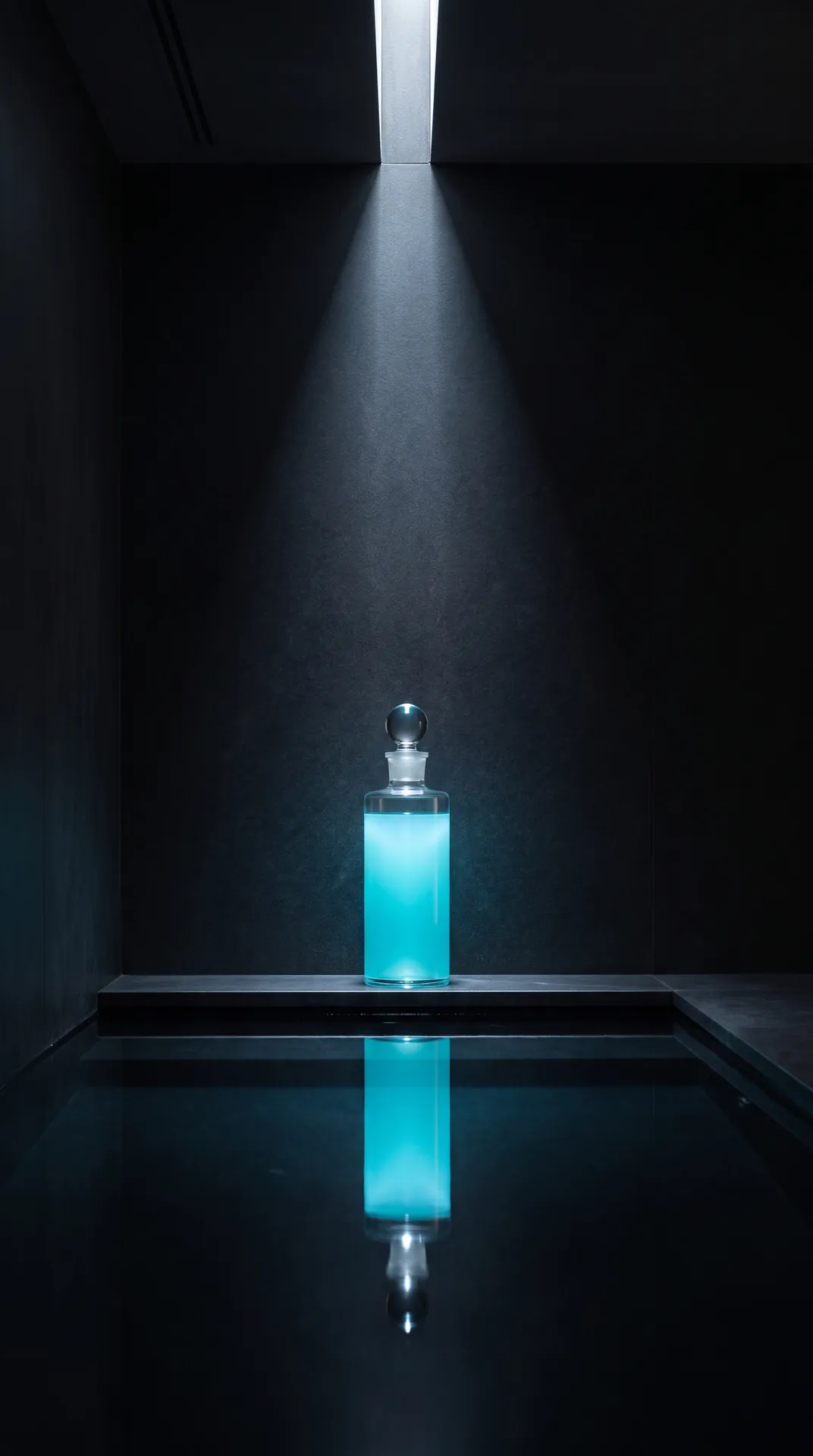The bottle at the edge of a dark, still pool under a shaft of daylight