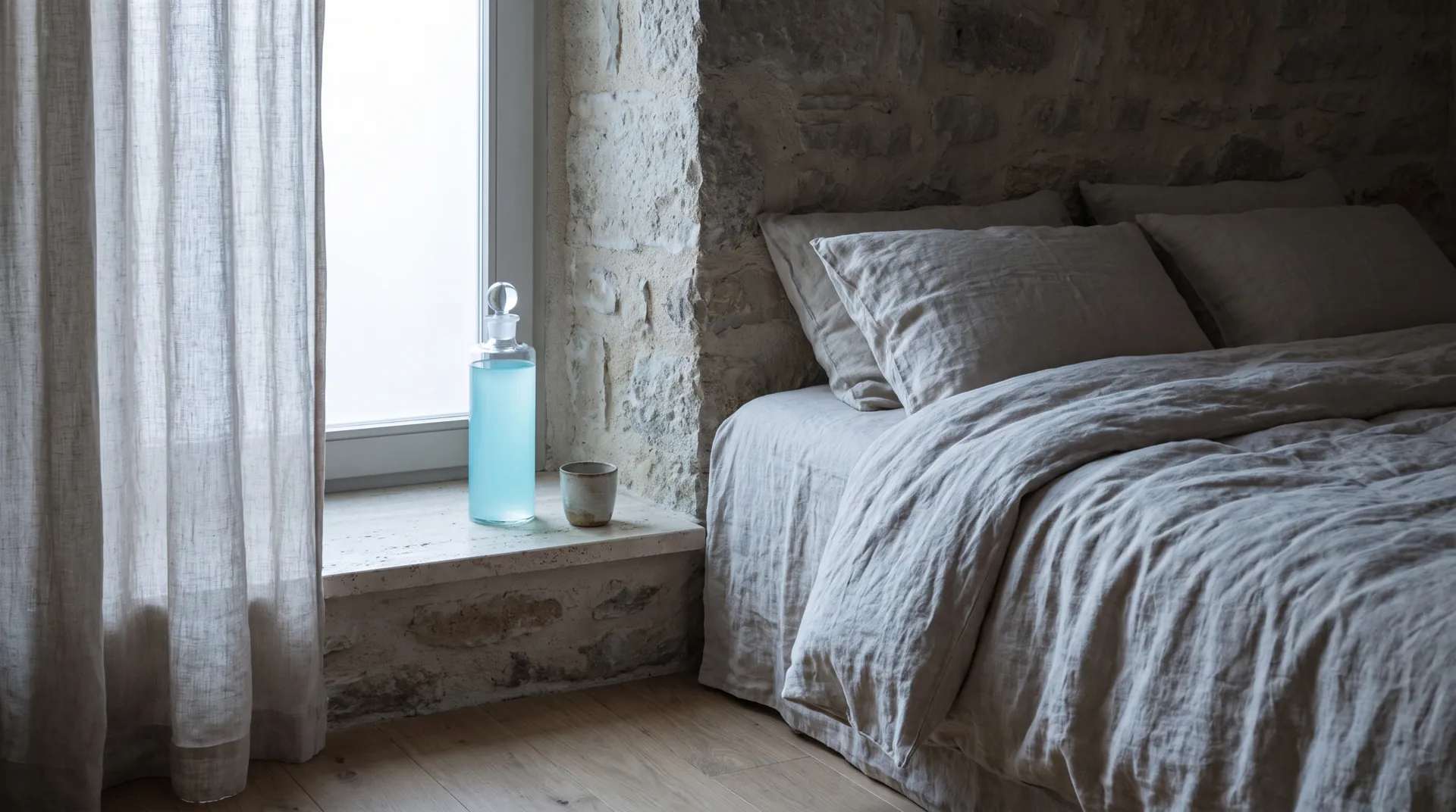 The bottle on a stone window ledge beside a linen bed at first light