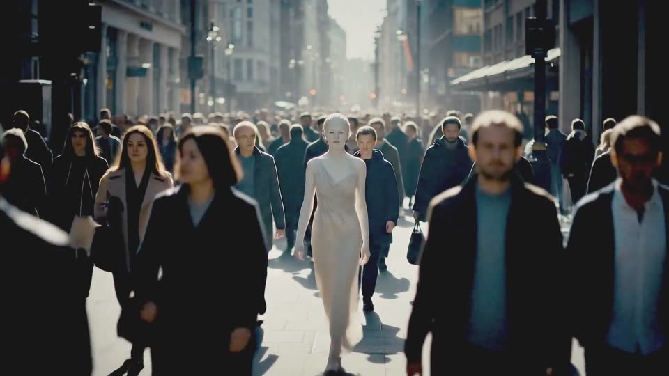 A crowd walking through a city street, from How to be Human