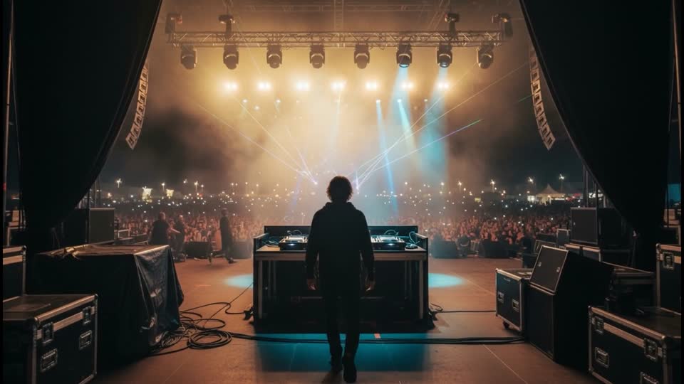 A performer walking out onto a lit concert stage, from The Lie I Believed