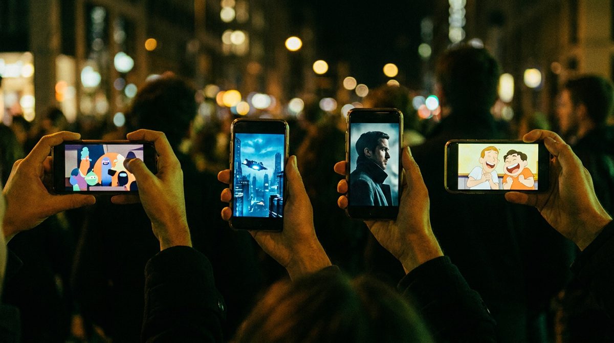 Hands in a crowd holding up phones, each showing a different short film