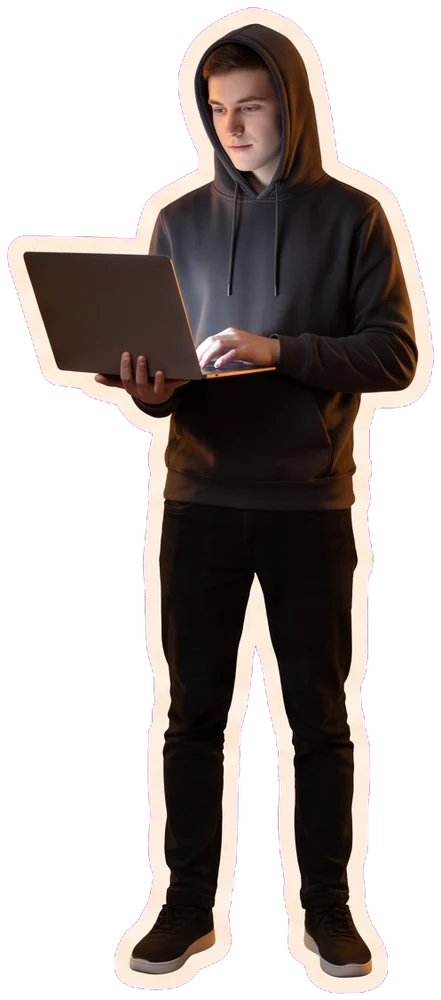 A filmmaker holding his laptop