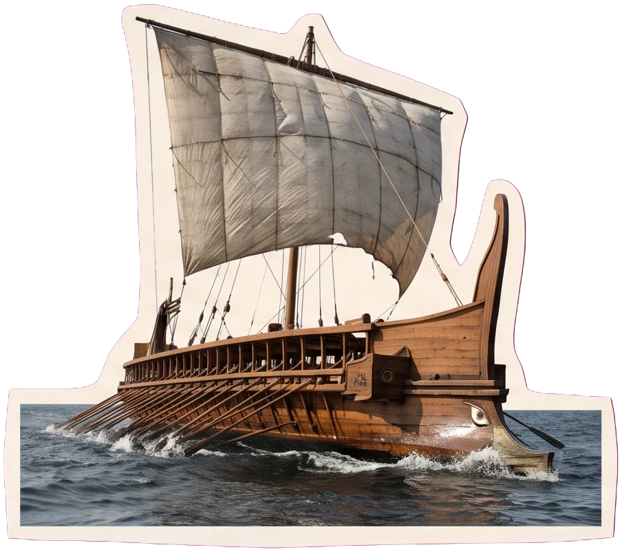 An ancient Greek ship in rough water